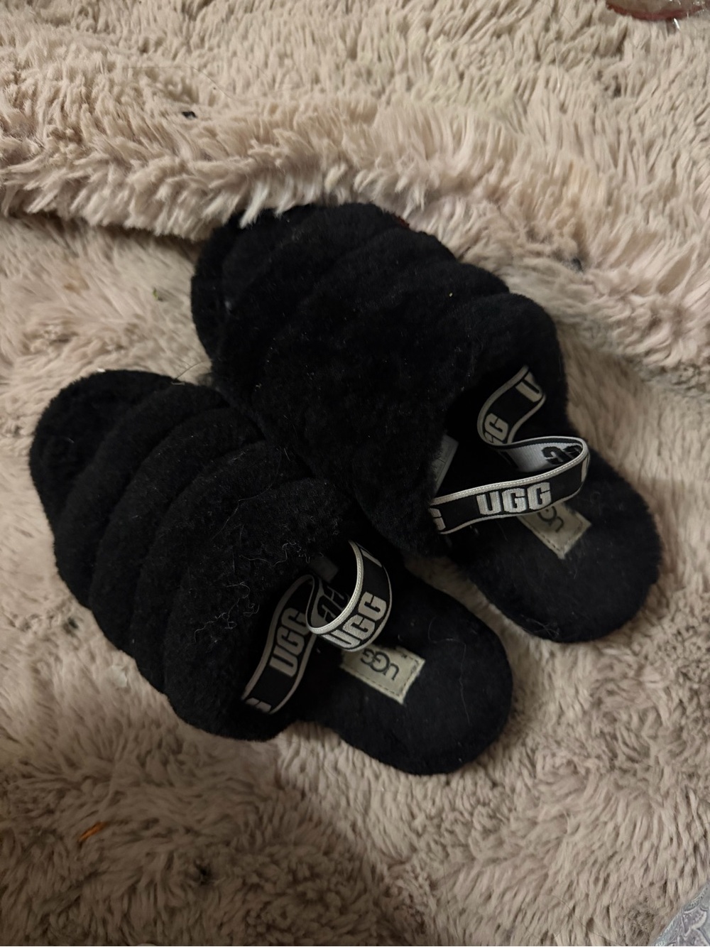 UGG Black Quilted Shearling Slide Slippers with Logo Strap